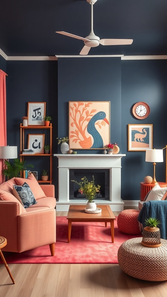 A living room featuring bright coral furniture and navy walls, with decorative art and plants.