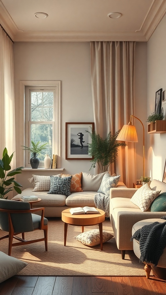 A cozy modern living room with a light sofa, patterned pillows, a small coffee table, and plants.