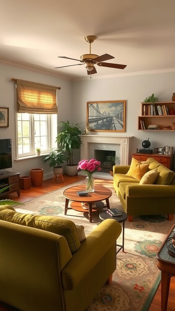 A vintage-inspired living room featuring olive green sofas, wooden furniture, and plants.