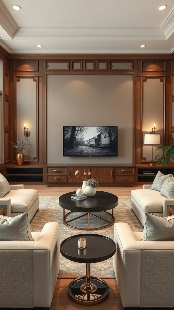 A stylish living room featuring a transitional TV wall design with wood accents and modern furniture.