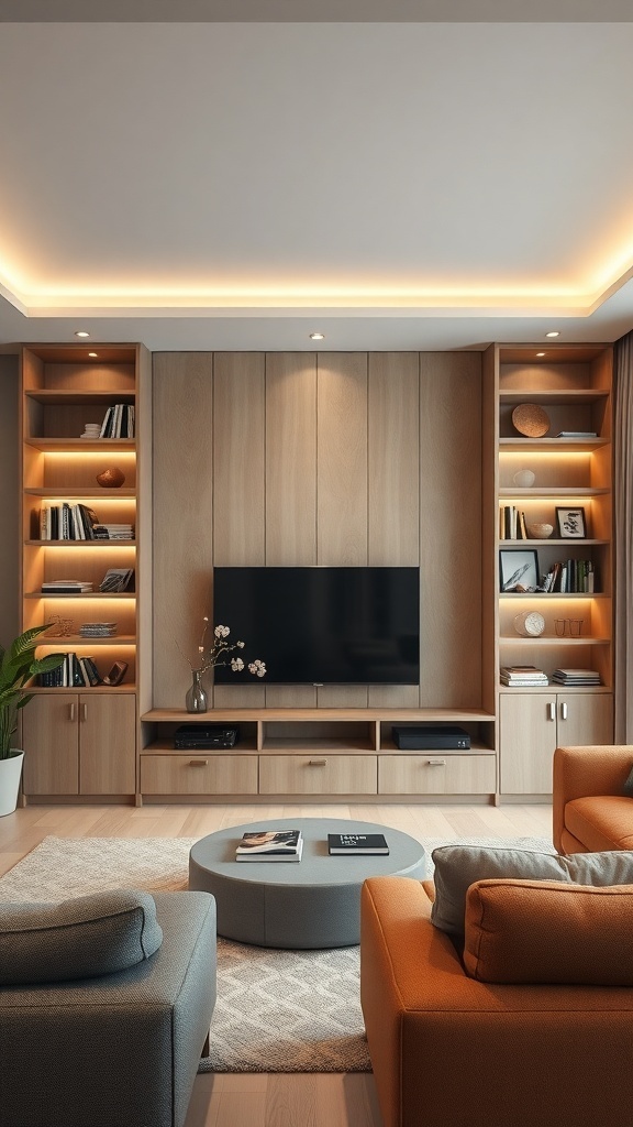 A modern living room featuring a TV wall with built-in shelves, soft lighting, and a cozy seating arrangement.