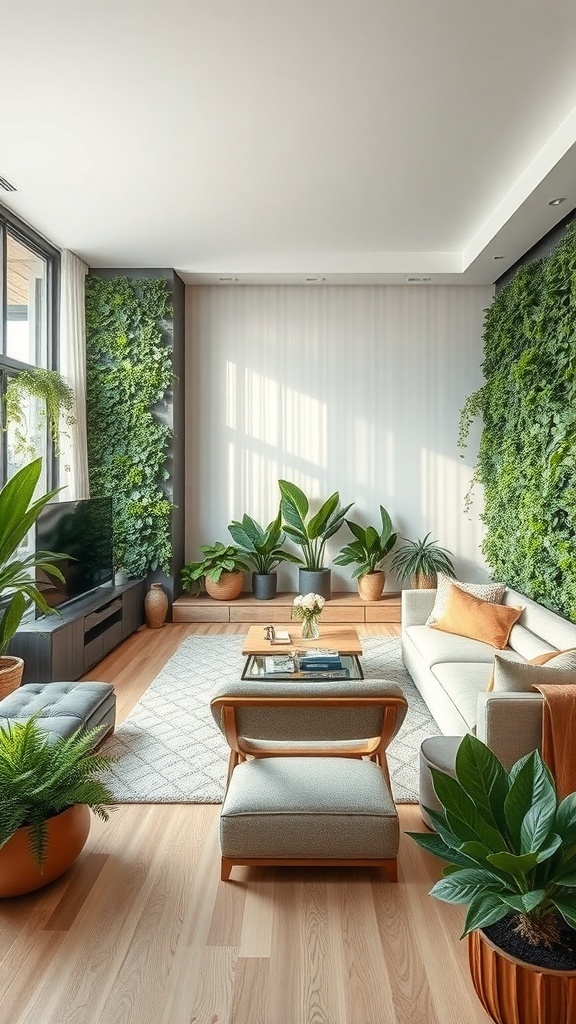A bright living room featuring green plants, a cozy sofa, and natural light.