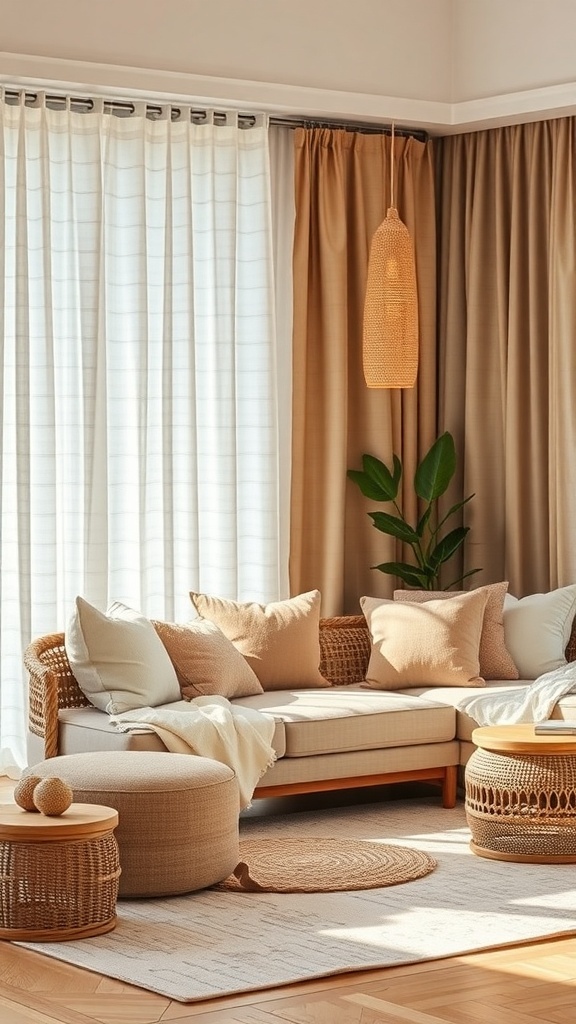 A bright and cozy living room featuring sustainable textiles and fabrics, with natural light filtering through curtains.