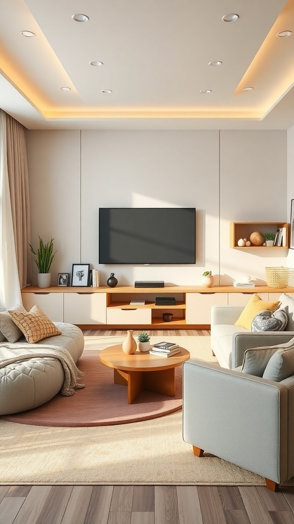 Cozy living room with a wall-mounted TV, light wood cabinetry, and soft seating