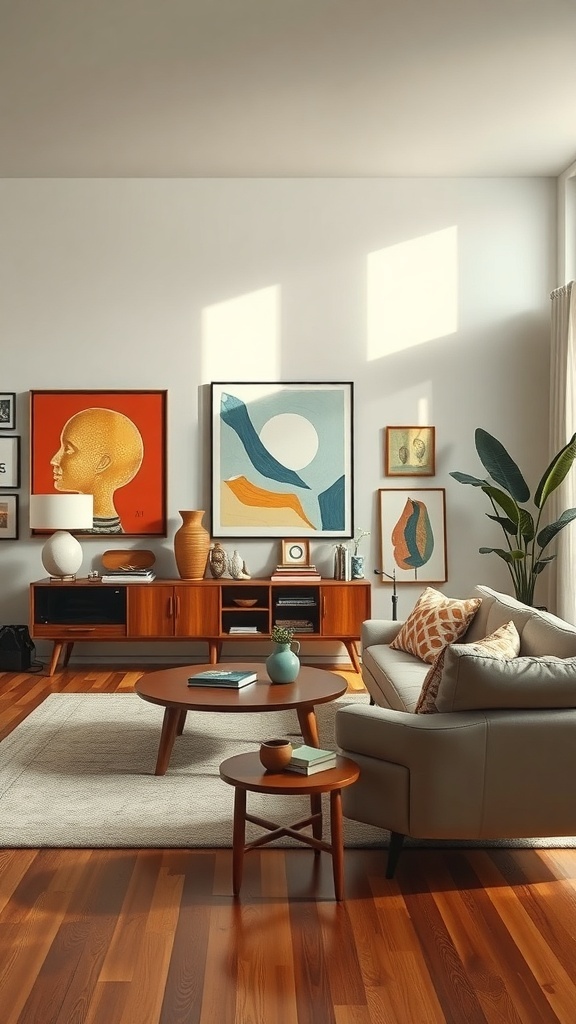 A mid-century modern living room featuring wooden floors, stylish furniture, and vibrant wall art.
