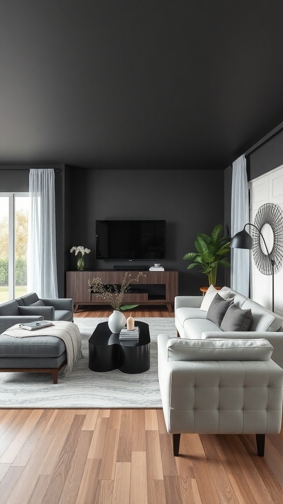 Living room with charcoal gray walls and ceiling, featuring light gray sofas, a black coffee table, and large windows