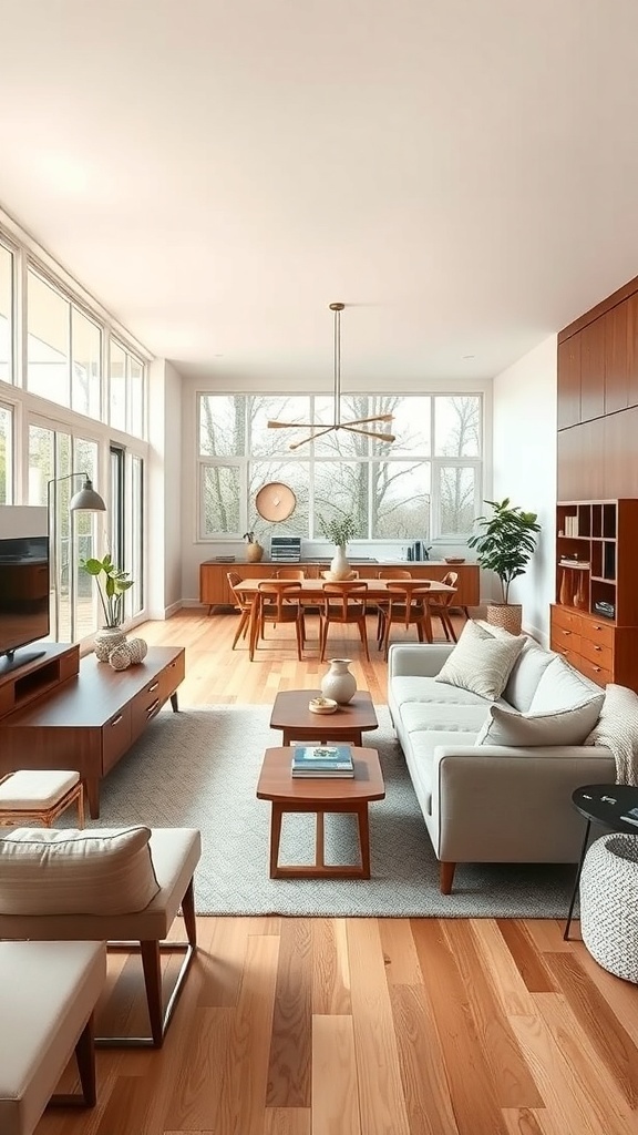 A modern living room with an open layout, featuring large windows, light wood flooring, and stylish furniture.