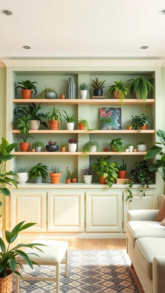 A living room with built-in shelves displaying various plants in pots, creating a fresh and inviting atmosphere.