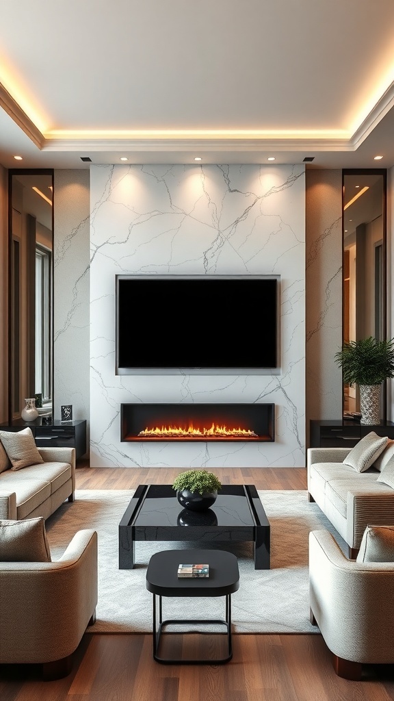 A modern living room featuring a TV wall with a built-in fireplace, stylish furniture, and a cozy atmosphere.