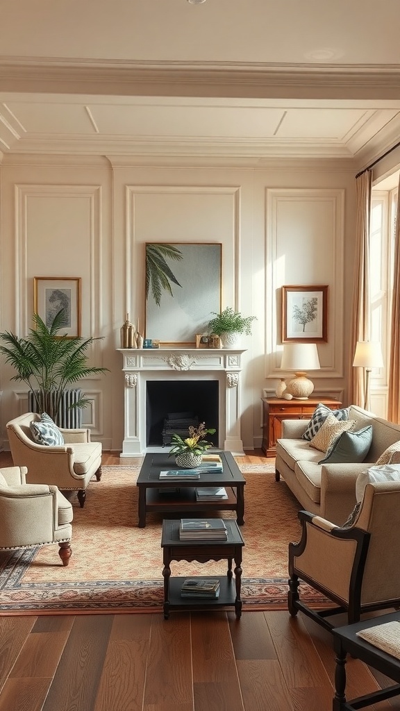 A cozy living room with classic cream walls, elegant furniture, and natural light.