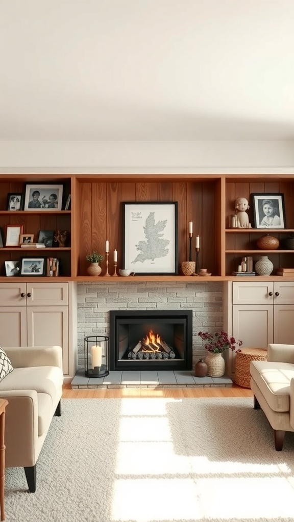 A cozy living room with built-in shelves around a fireplace, featuring wooden shelves, decorative items, and a warm atmosphere.