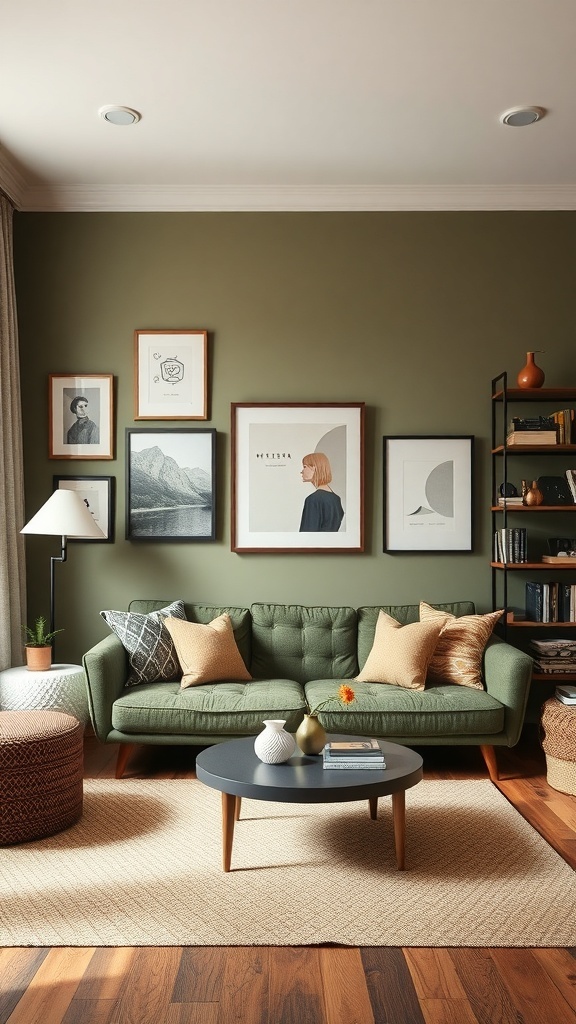 A cozy olive green living room featuring a green sofa, decorative pillows, wall art, and a round coffee table.