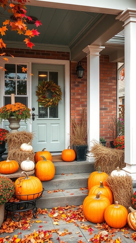A beautifully decorated front porch with pumpkins, hay bales, and autumn leaves.