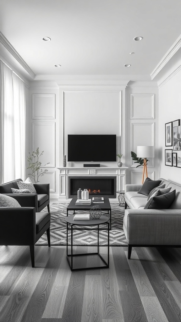 A modern living room featuring a black and white color scheme with stylish furniture and decor.