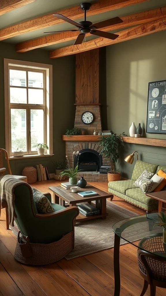 Cozy living room featuring olive green walls and wooden beams, with comfortable seating and plants.