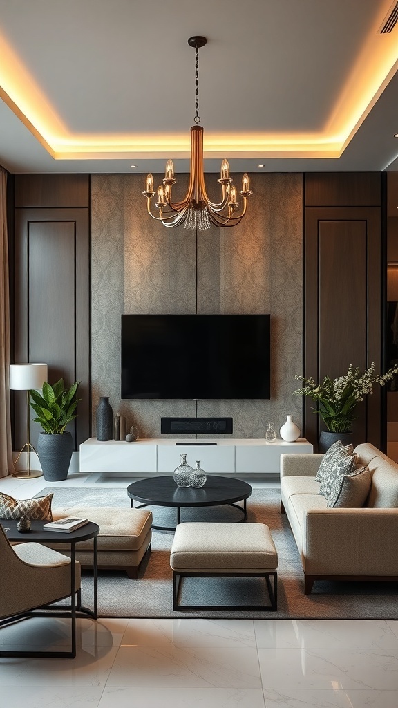 Luxurious living room with a stylish TV wall and custom lighting