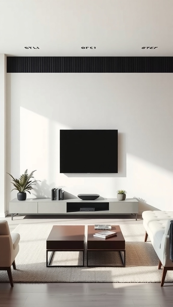 A minimalist living room with a mounted TV, low-profile media console, and simple coffee tables.