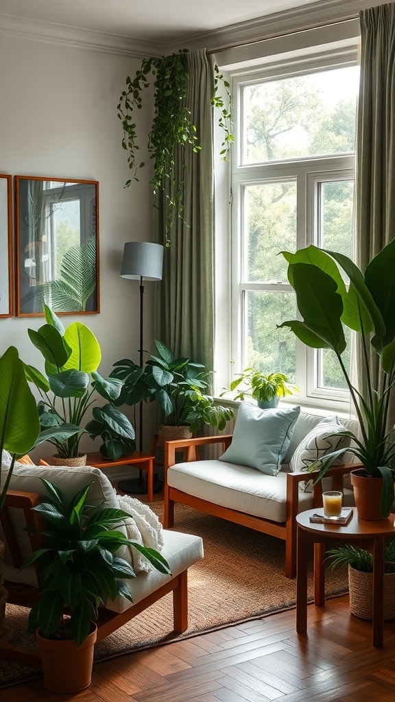 A cozy living room filled with plants, featuring a comfortable sofa and natural light.