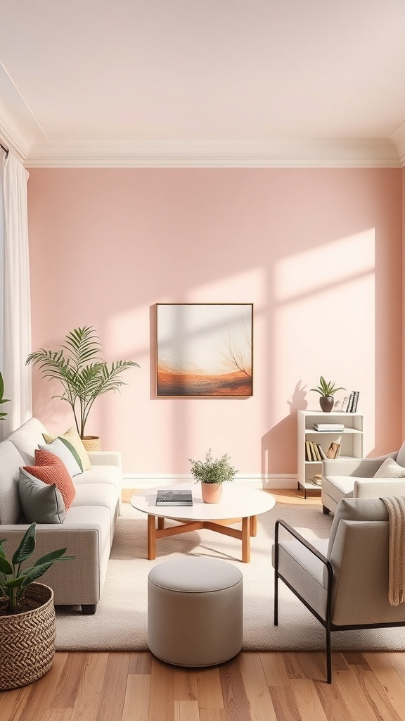 A chic living room with blush pink walls, featuring a cozy seating arrangement and natural light.