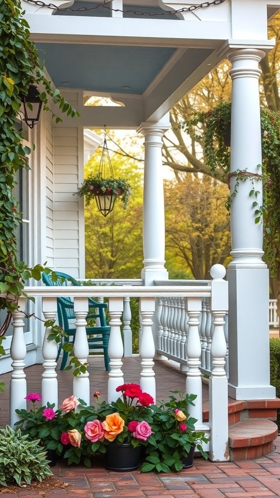 A charming front porch featuring decorative white railings and colorful flowers.