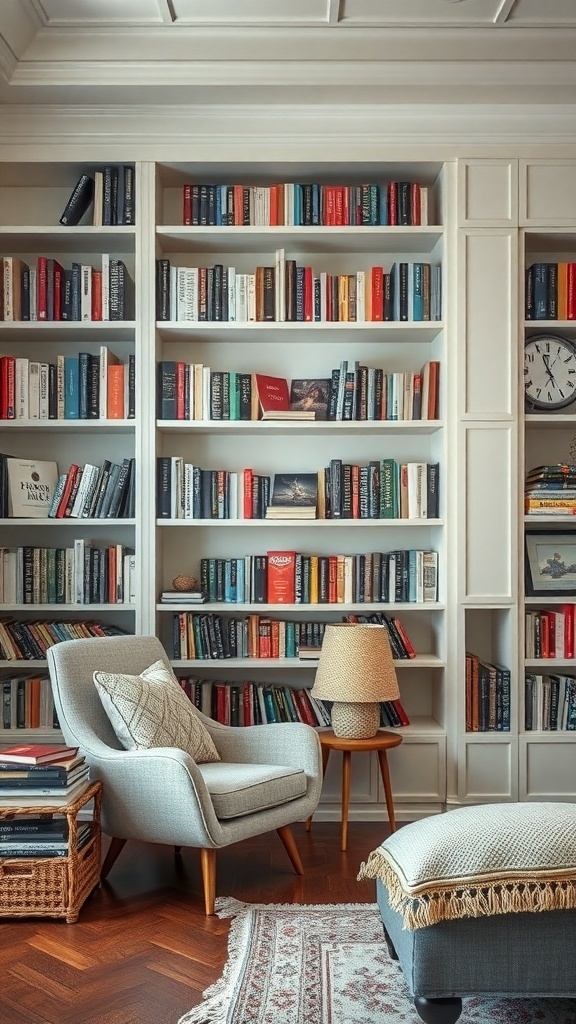 Cozy reading nook with built-in shelves filled with books, a comfortable chair, and warm lighting.