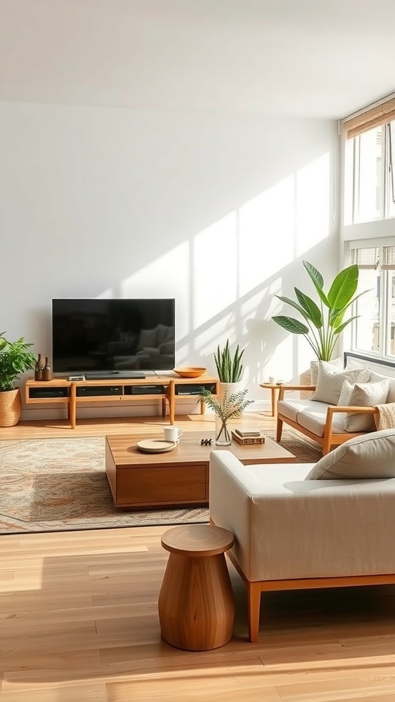 A bright living room featuring eco-friendly wooden furniture and plants.
