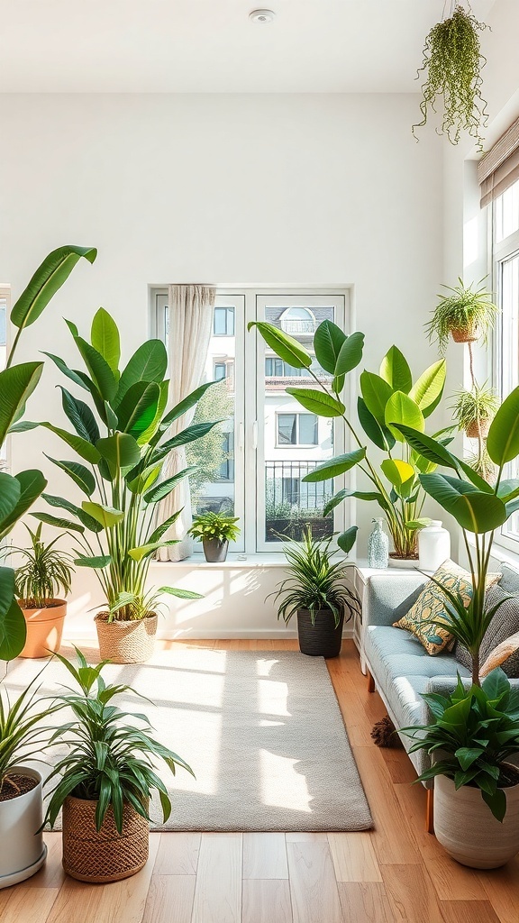 Bright living room filled with various indoor plants near a window.