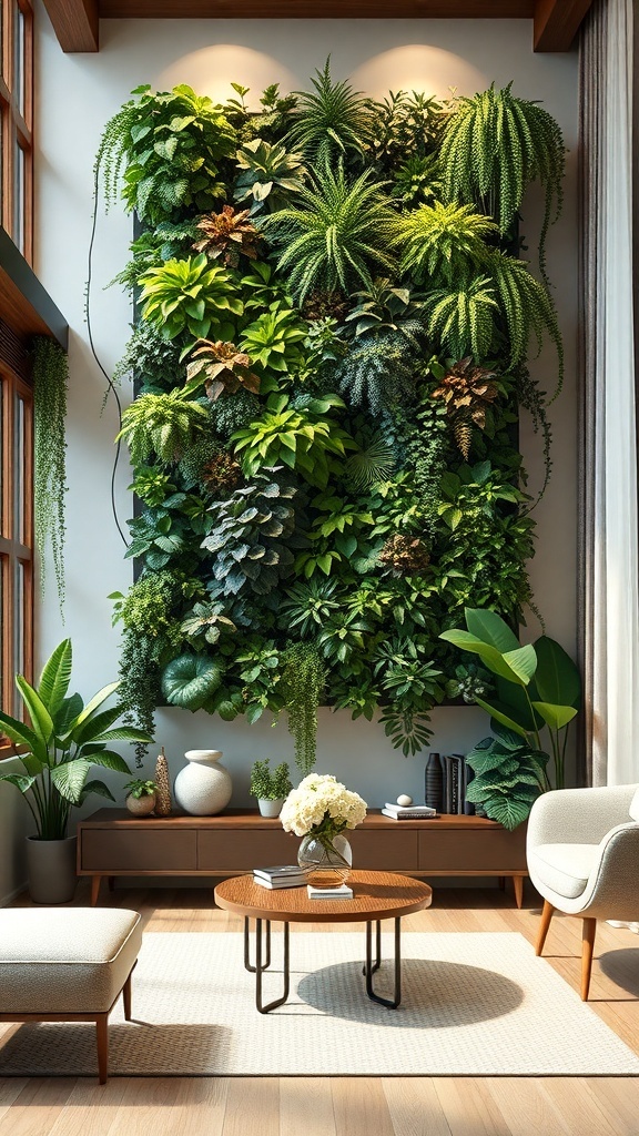 A lush green wall filled with various indoor plants in a stylish living room.