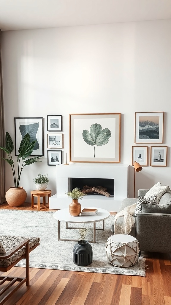 A modern living room featuring personalized art displays with framed artwork and plants.