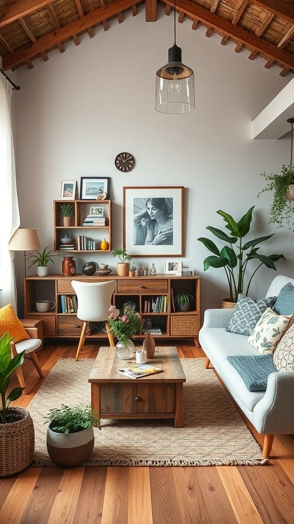 A cozy living room with wooden furniture, plants, and a warm atmosphere.