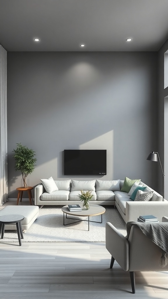 Modern living room painted in Cool Ice Gray with light furniture and plants.