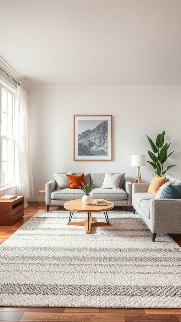 A modern living room featuring a textured rug, grey sofas, a wooden coffee table, and a plant.