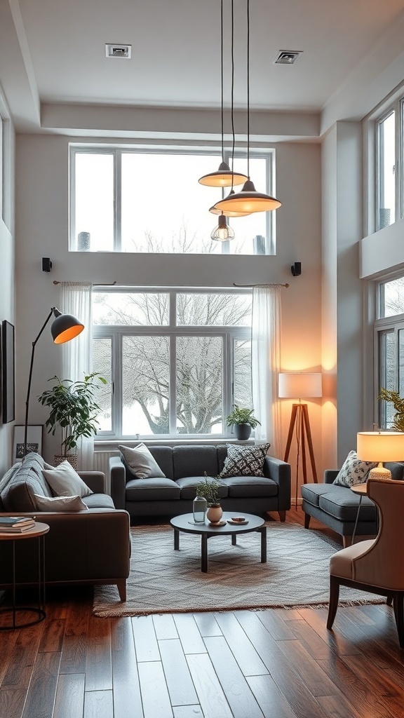 A modern living room featuring layered lighting with pendant lights, a floor lamp, and large windows.