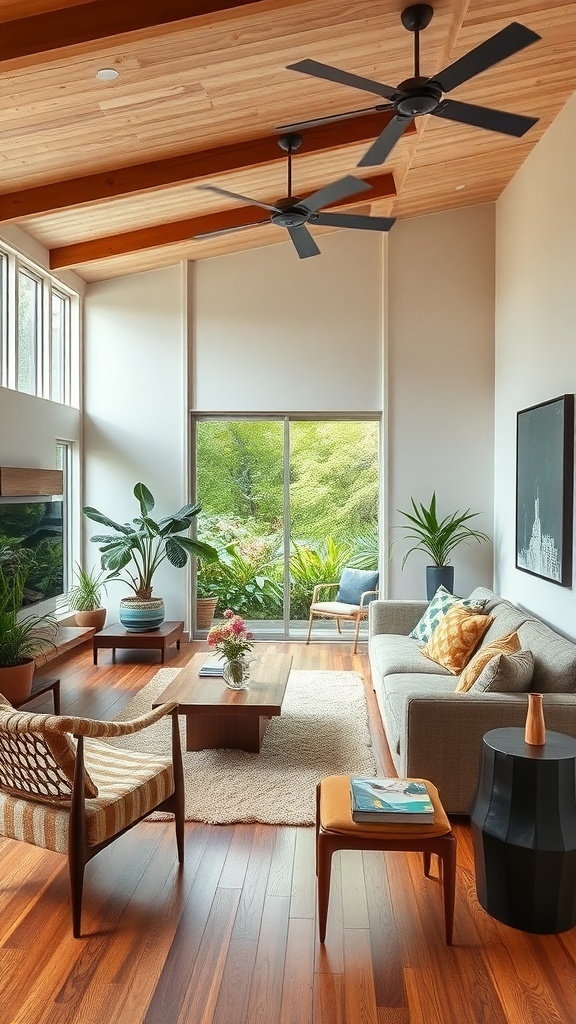 A mid-century modern living room featuring a mix of vintage and contemporary furniture, with natural light and plants.