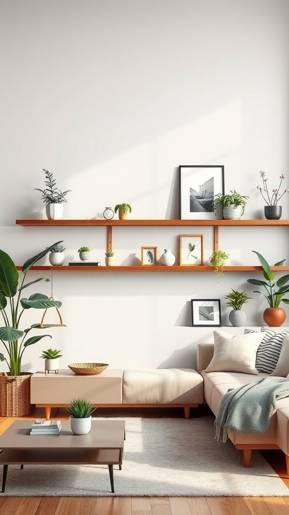Stylish floating shelves in a modern living room with plants and decorative items