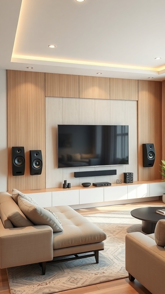 Modern living room with a sleek TV wall featuring a flat-screen TV, speakers, and a minimalist media console.