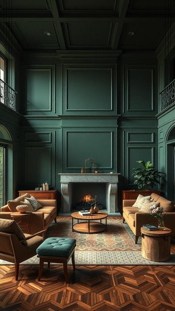 A living room featuring rich forest green walls, warm wooden furniture, and cozy textiles.
