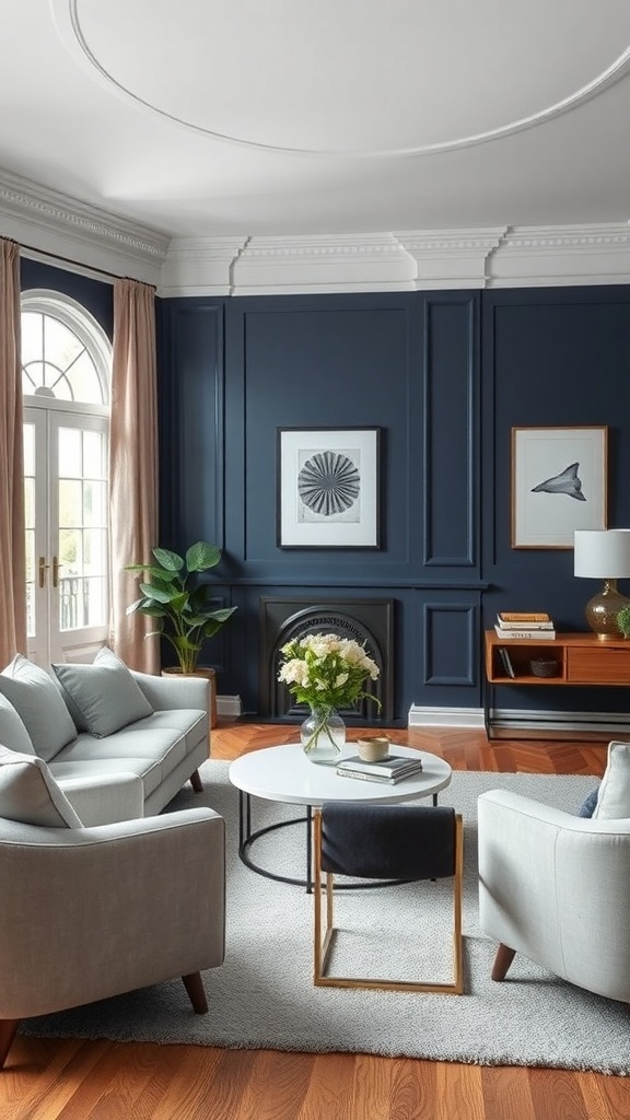 A living room featuring navy blue walls and soft gray furniture, with a round white coffee table and wooden accents.