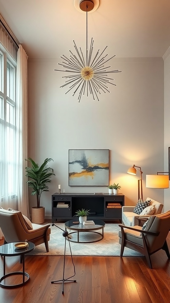 Mid-century modern living room featuring a starburst chandelier and stylish furniture.