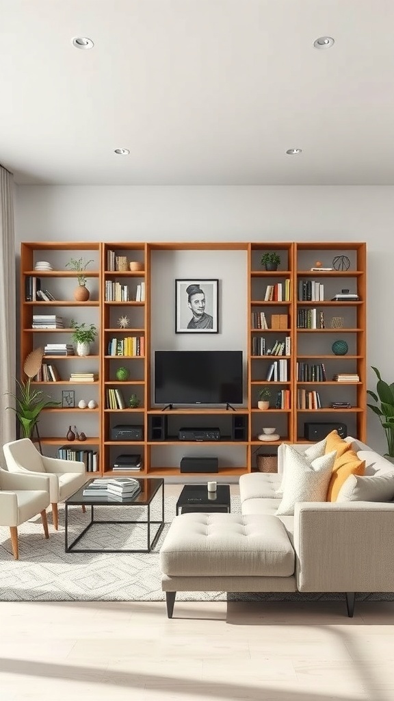 Living room with custom built-in shelves, a TV, and cozy seating