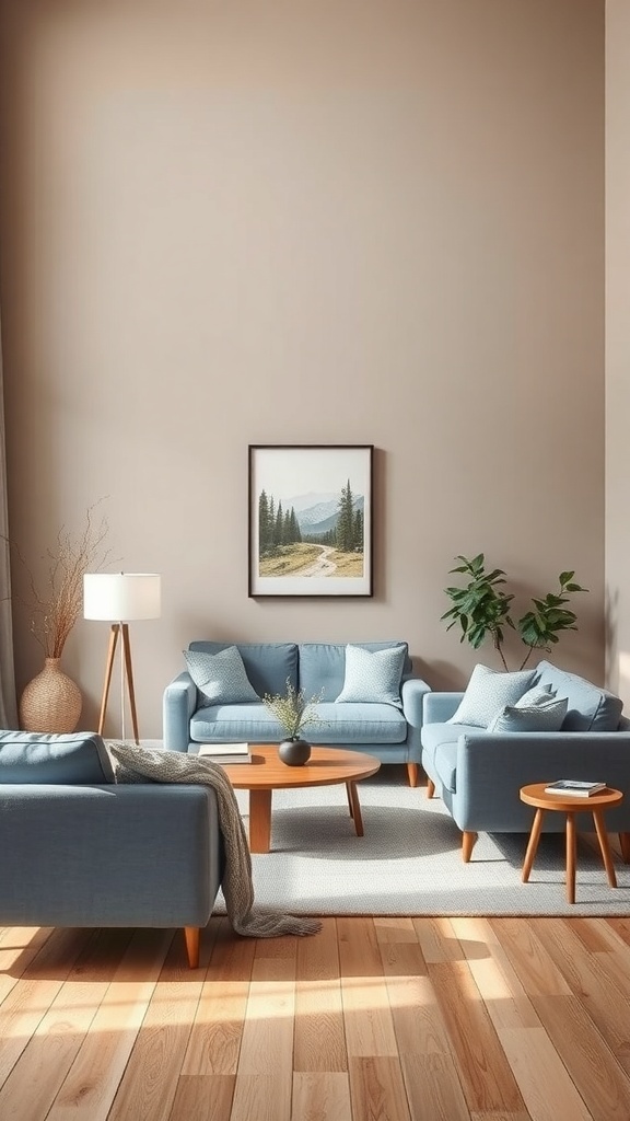 A living room with muted taupe walls and dusty blue furniture, featuring a round coffee table and natural light.