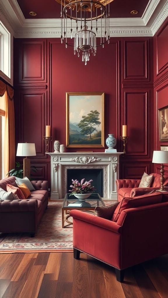 A luxurious living room with deep burgundy walls, elegant furniture, and a chandelier.