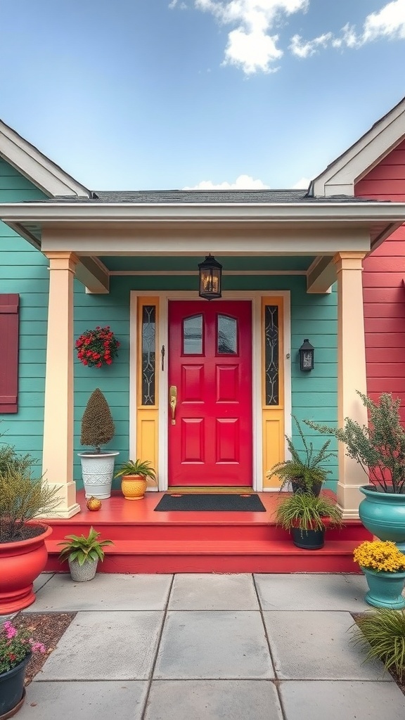 A colorful front porch featuring a red door, teal walls, and vibrant planters.