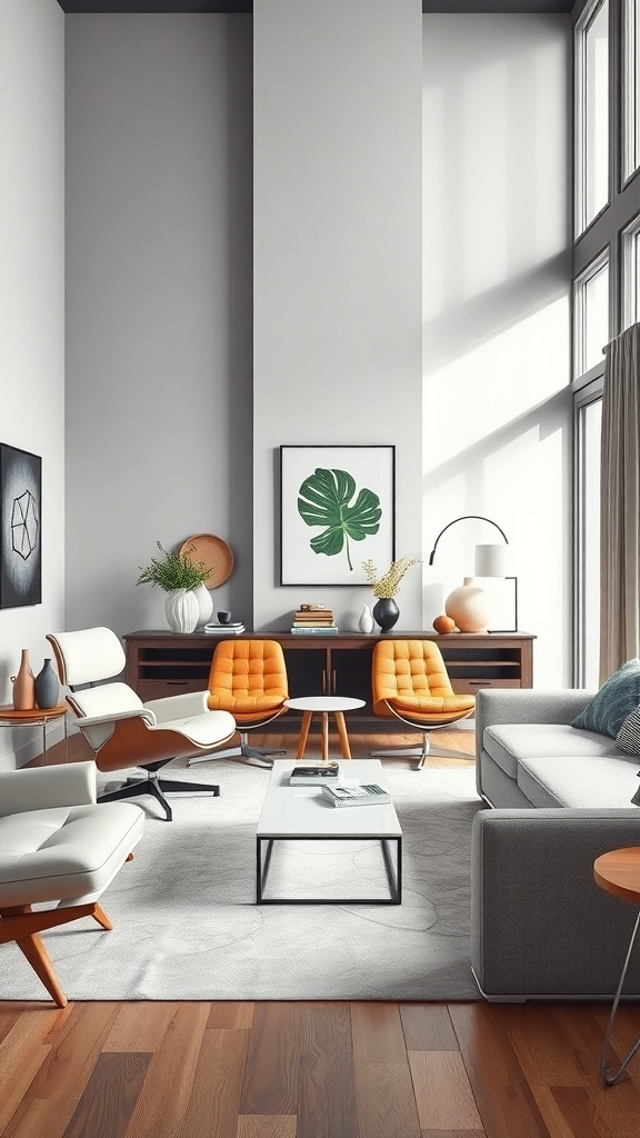 Mid-century modern living room featuring iconic furniture pieces with orange chairs and a minimalist coffee table.