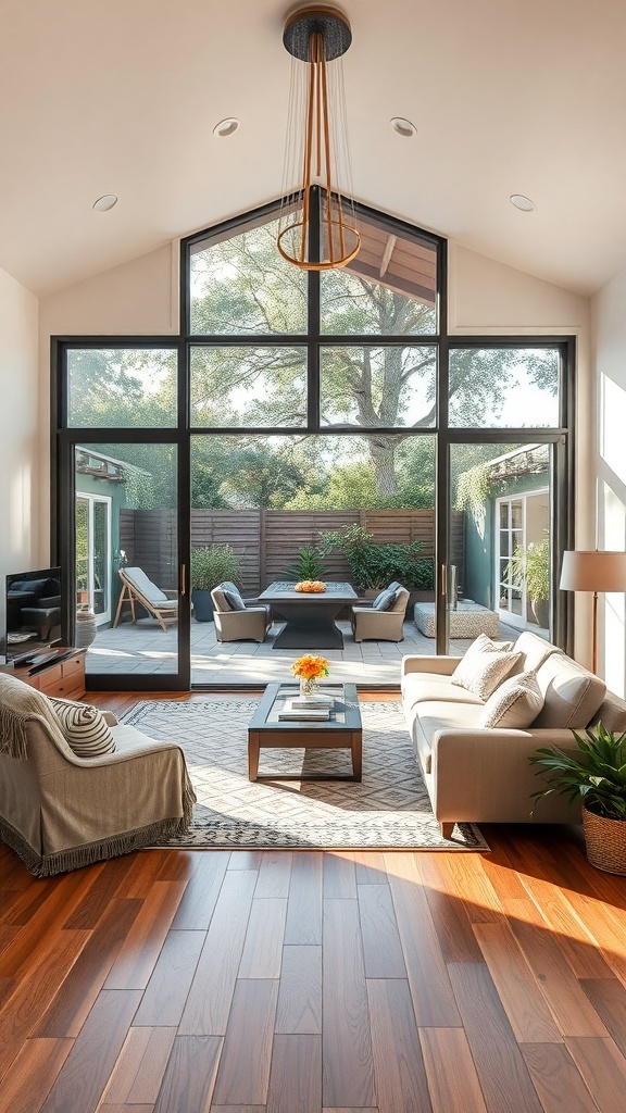 A modern living room with large glass doors leading to an outdoor seating area.