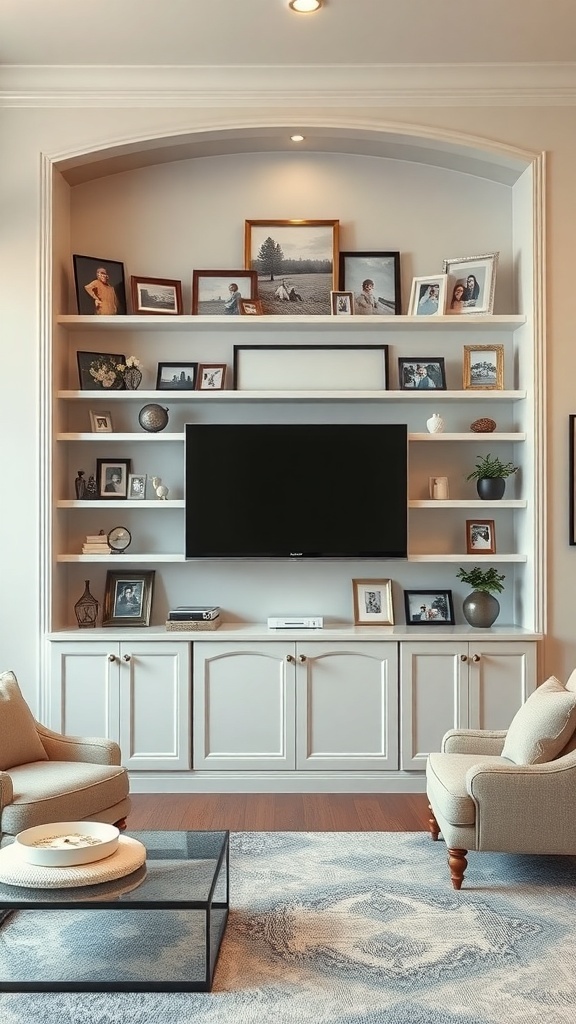 Living room with built-in shelves displaying family photos and decorative items.