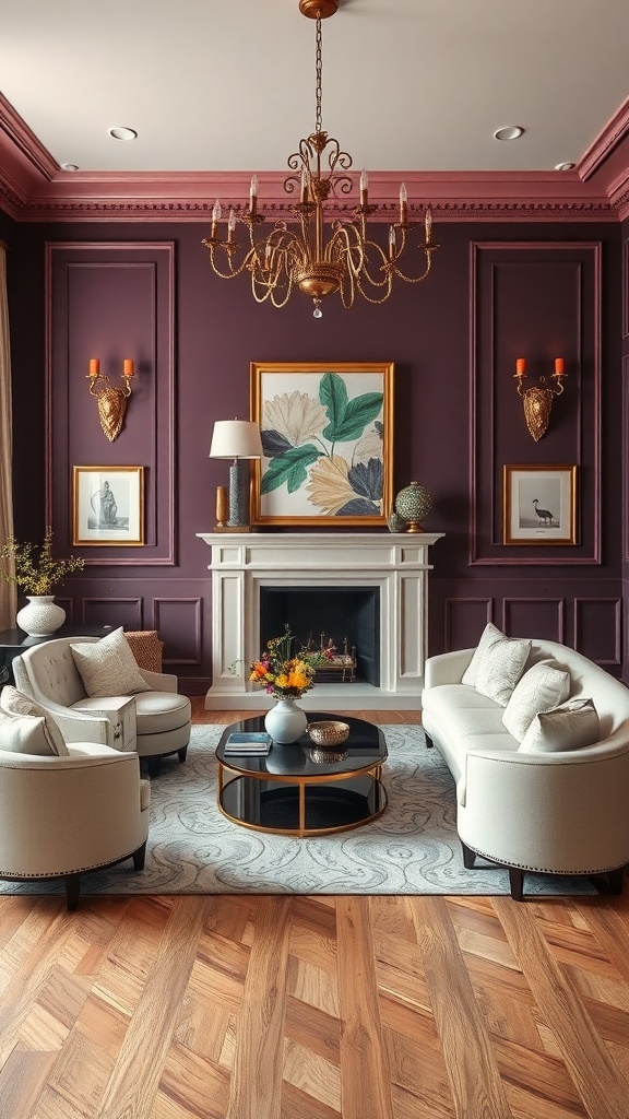 Living room featuring deep plum walls and cream furniture, with elegant decor.