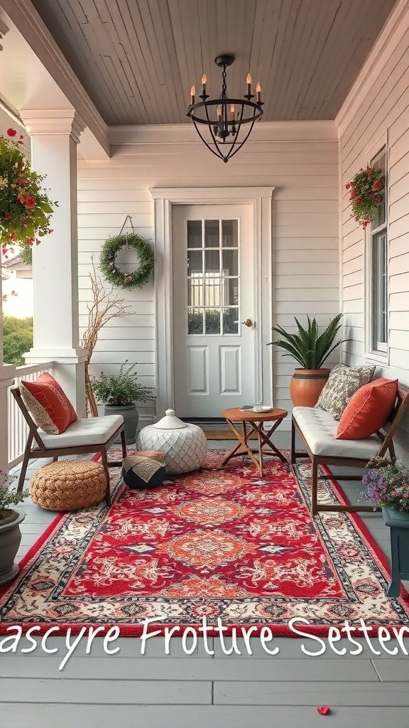 A cozy front porch featuring a vibrant red outdoor rug, comfortable seating, and decorative plants.