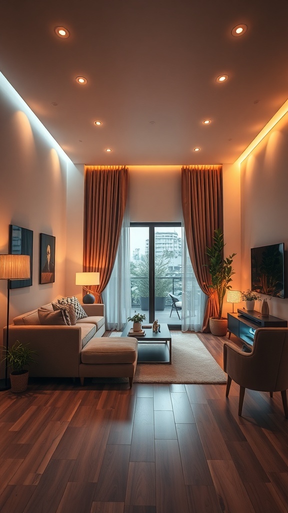 A modern living room with energy-efficient lighting, featuring recessed lights and stylish lamps, large windows, and warm decor.