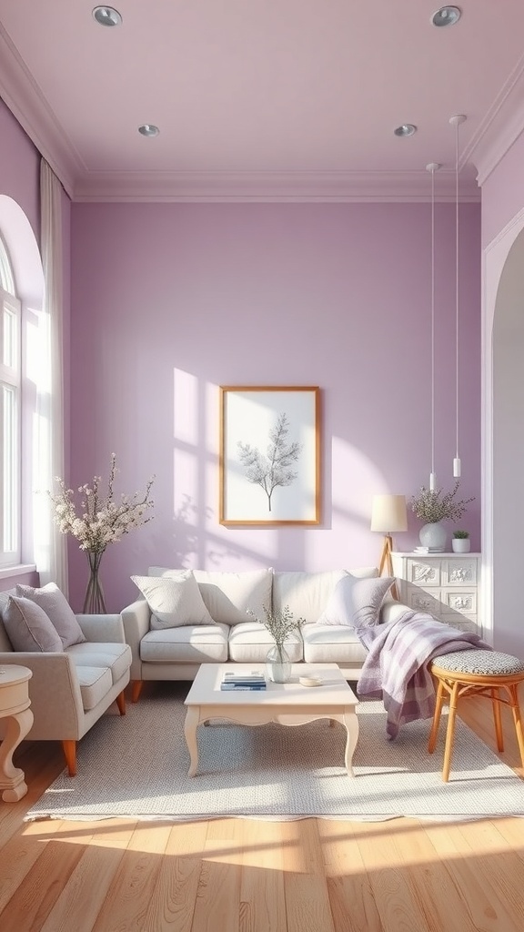 A cozy living room painted in muted lavender with a light sofa and wooden accents.